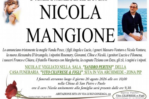 Morte Nicola Mangione, oggi i funerali